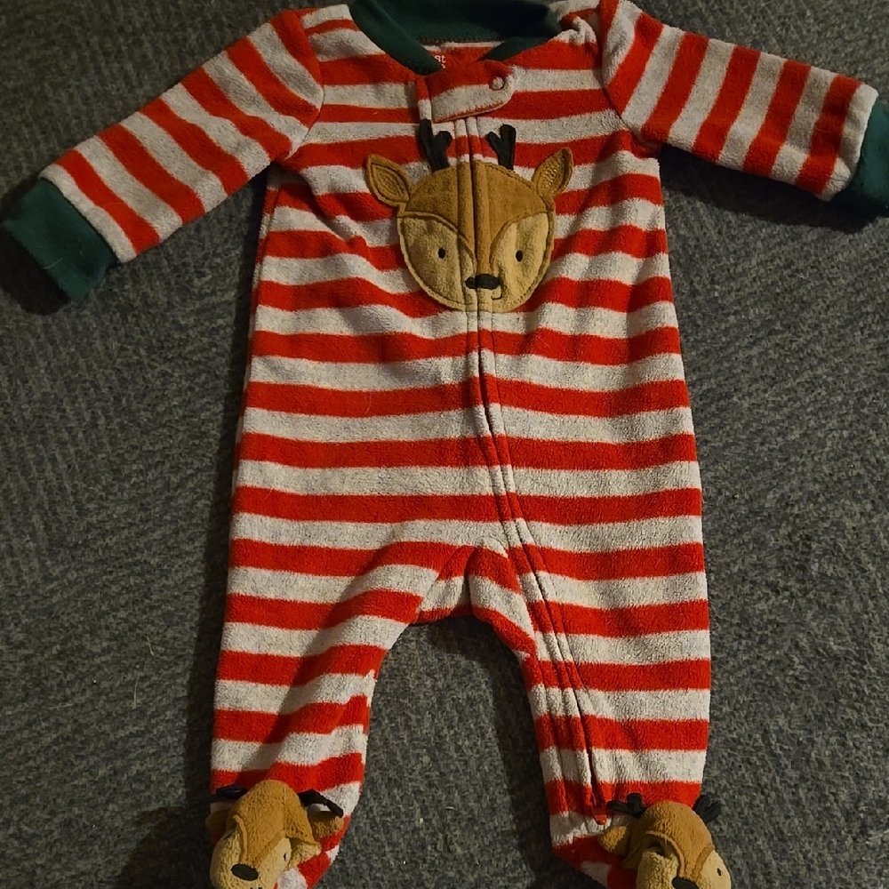 Red and White Striped Footie One Piece with Reindeer Design
